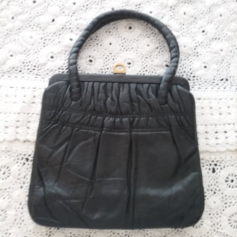 Vintage Black Leather Handbag from Mid Century